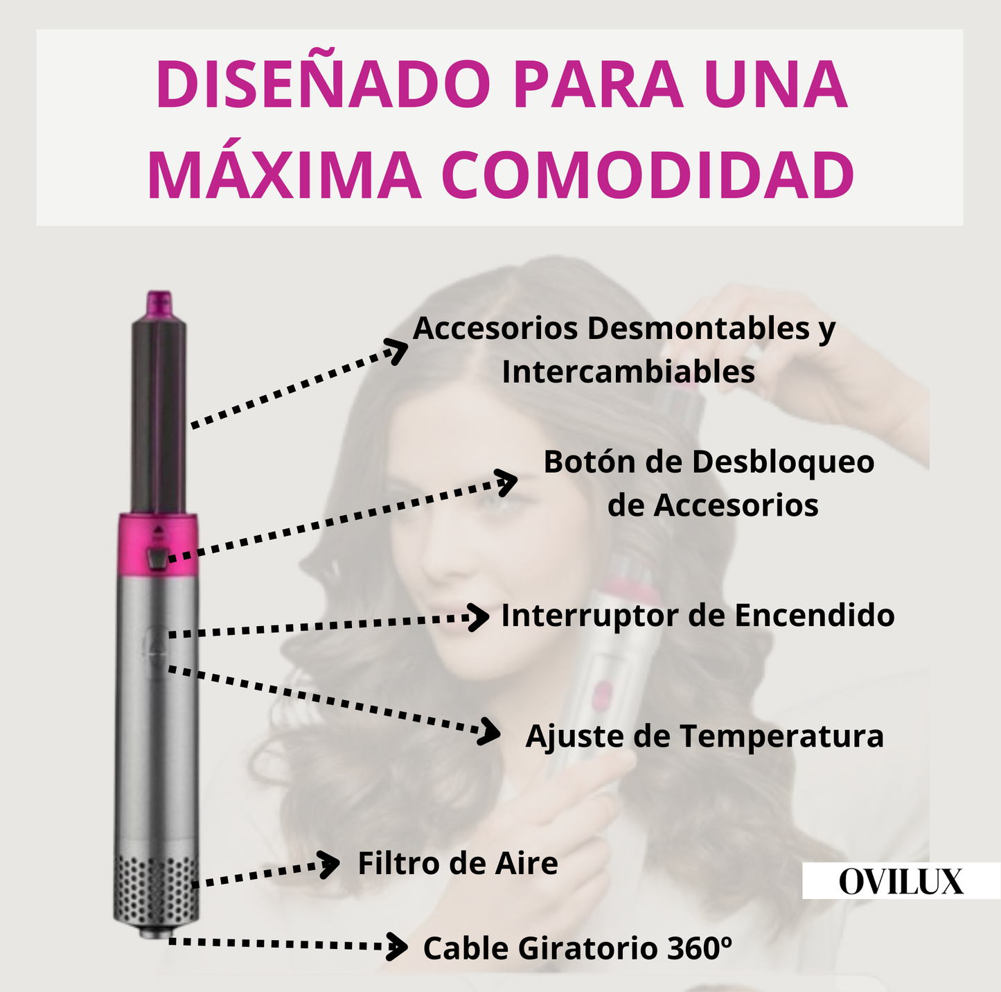 QuickStyle Air Ovilux- Cepillo 5 en 1 con Resultados de Peluqueria en Minutos