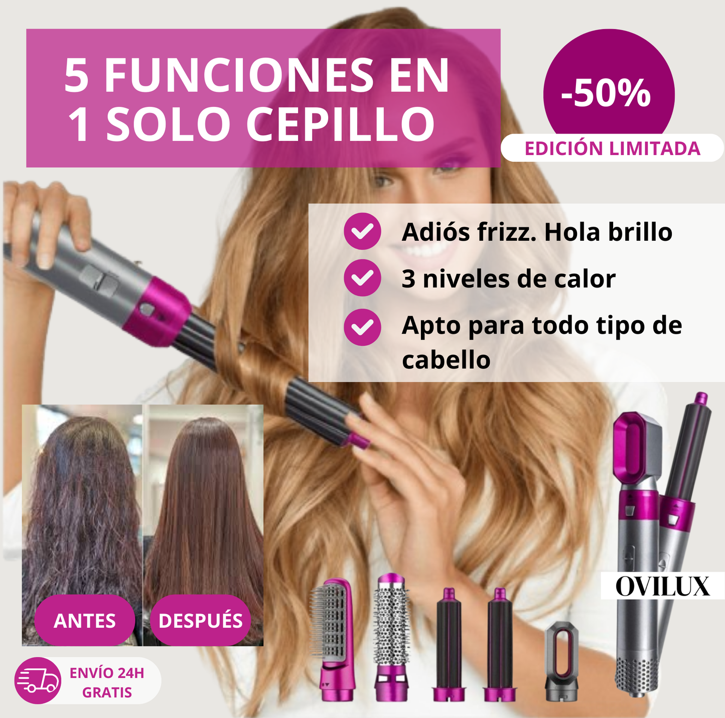 QuickStyle Air Ovilux- Cepillo 5 en 1 con Resultados de Peluqueria en Minutos